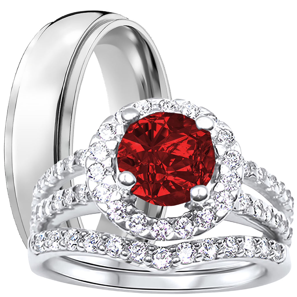 Ruby Red CZ Titanium Couples Wedding Rings Set E99658