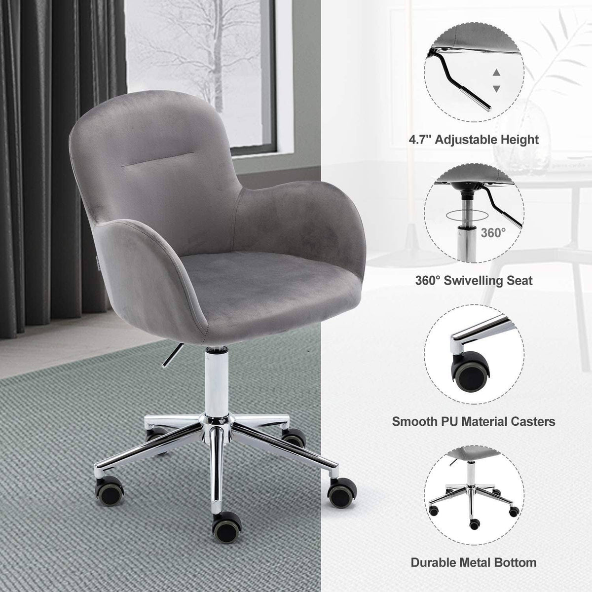 Velvet Swivel Desk Chair with Metal Base and Arms F46343