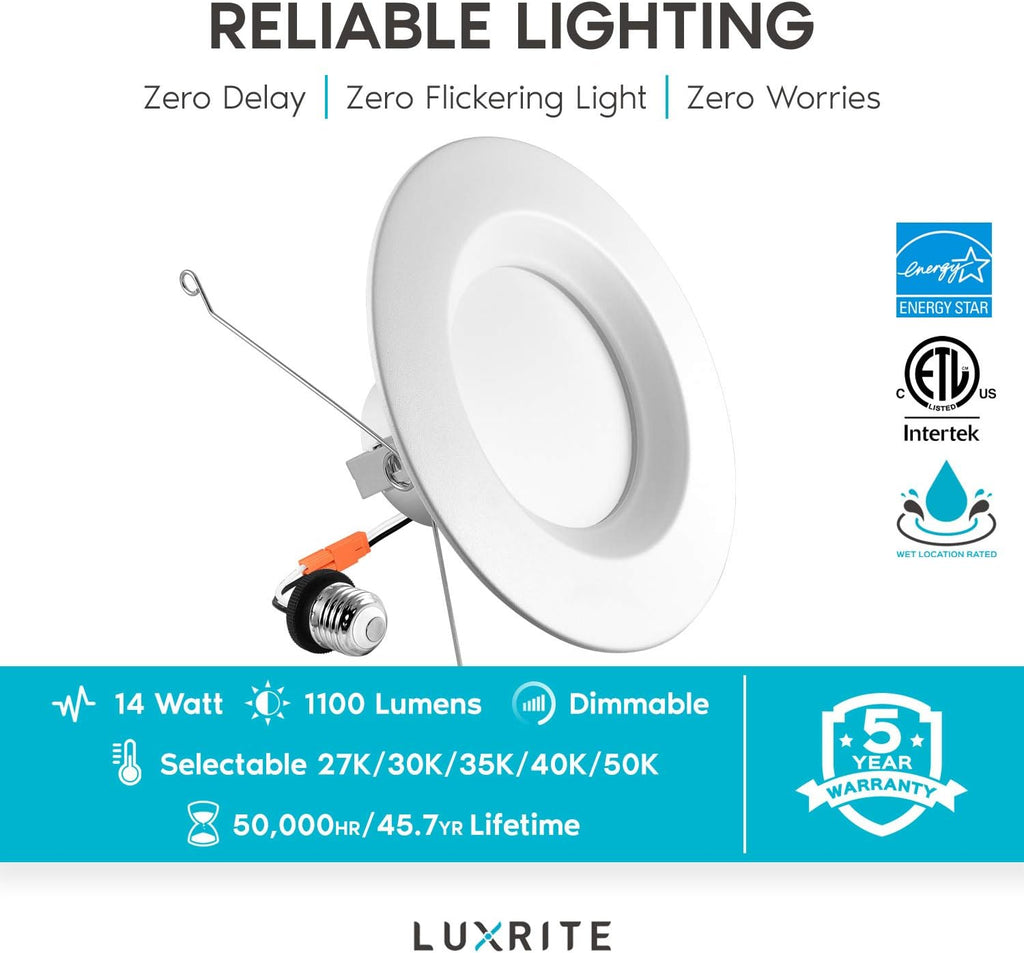 5/6 Inch LED Recessed Retrofit Downlight, 14W=90W, CCT Color Selectable, Dimmable, 1100 Lumens, Wet Rated, Smooth Trim (4 Pack) Y4908