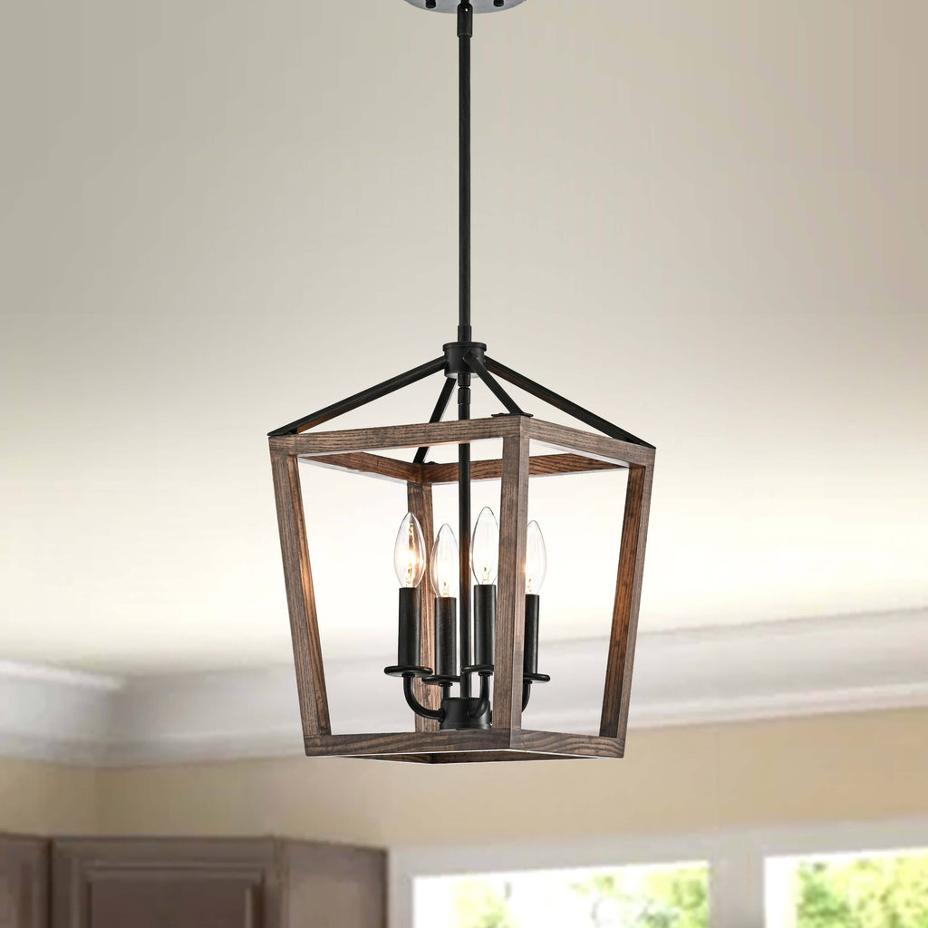 4-Light Antique Black Iron and Wood Cage Chandelier I42203