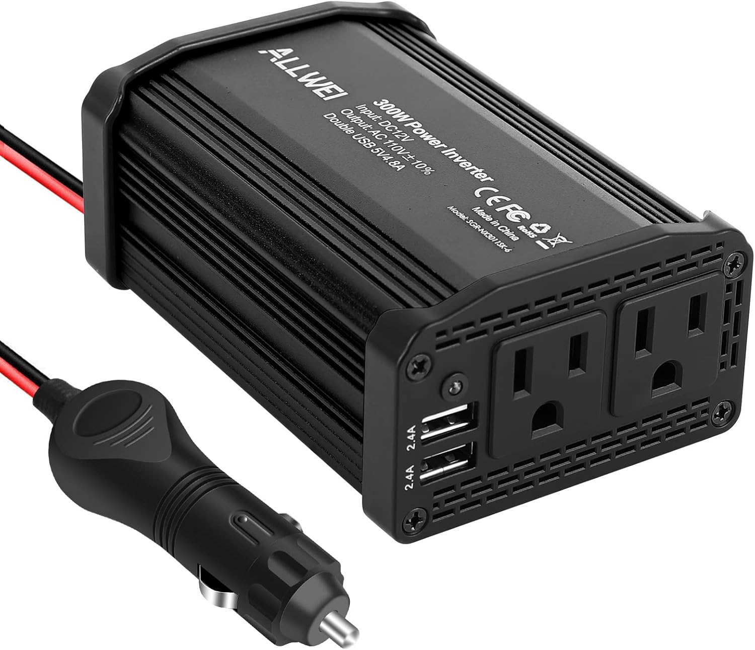 300W Power Inverter Car DC 12V to 110V AC Converter Dual USB Charging Ports Black Pack of 2 B94395