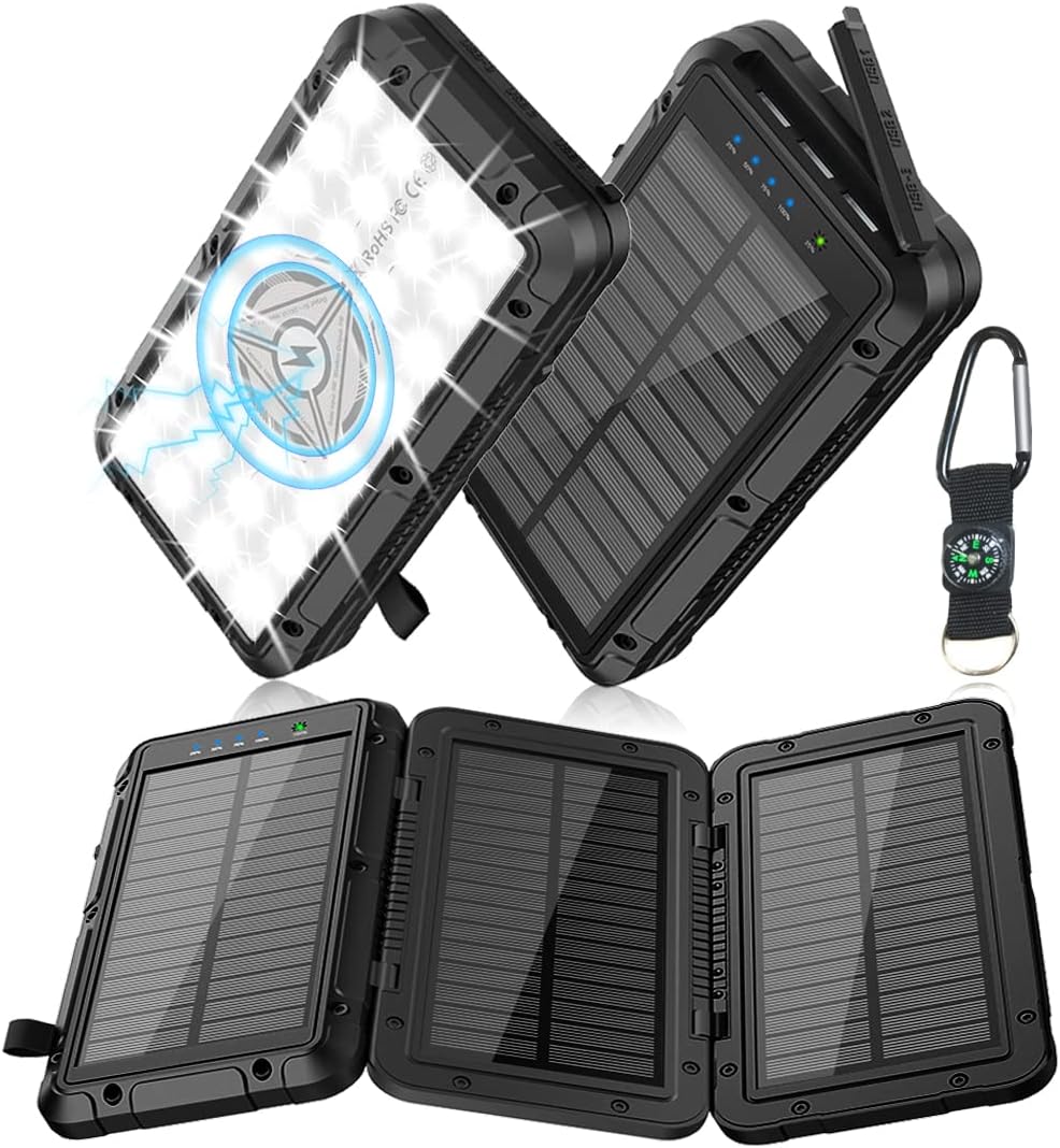 Solar Charger Power Bank 10000mAh with 3 Foldable Solar Panels Wireless Portable Charger Camping Light R74674