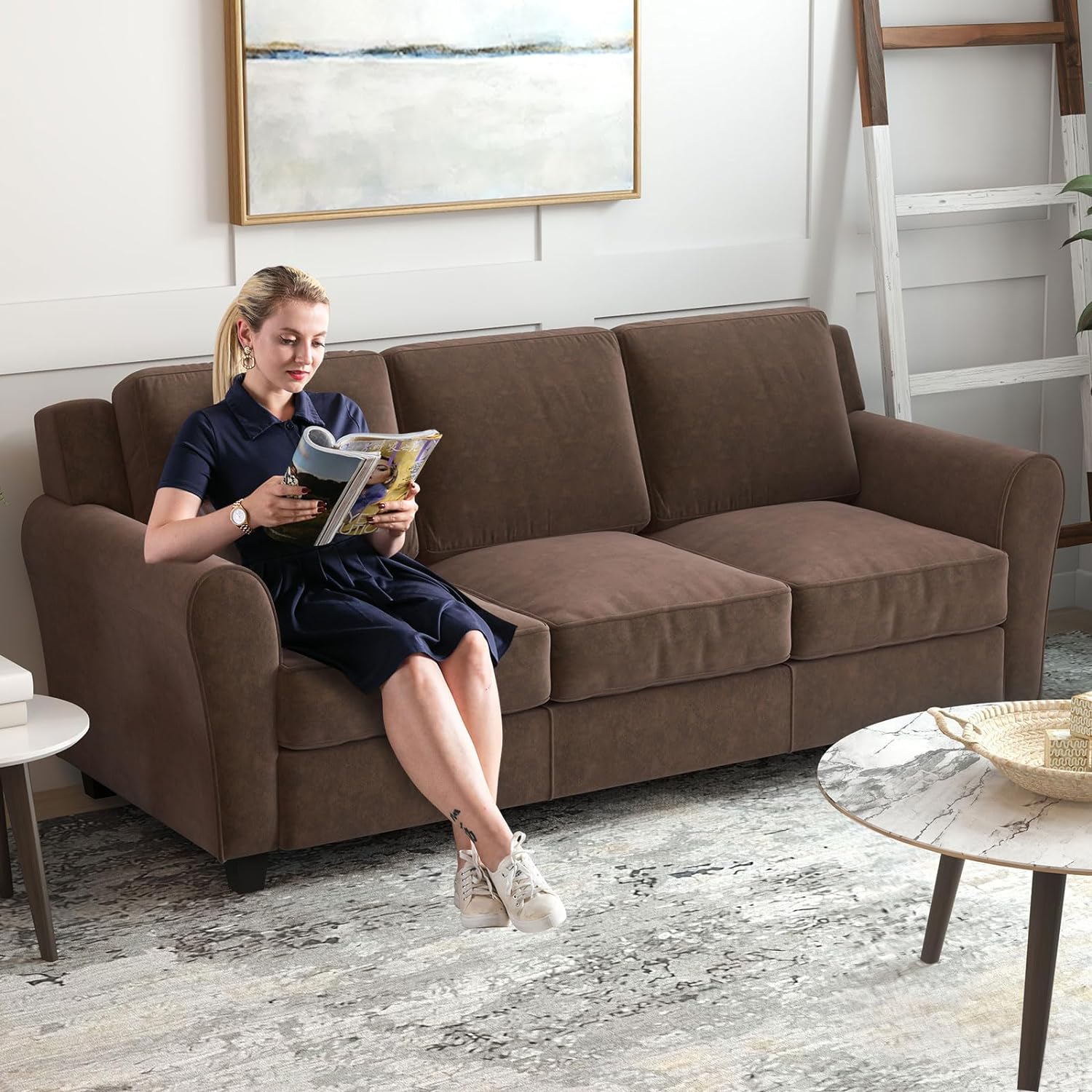 Brown 3 Seater Sofa Couch with Thicked Cushion M543