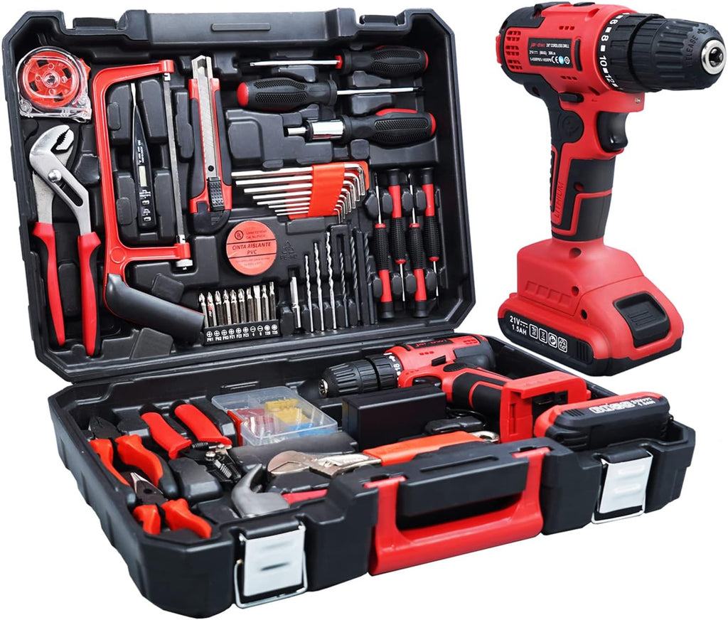 16.8V Cordless Drill with 91 Piece Tool Set and Plastic Toolbox Storage Case A32454