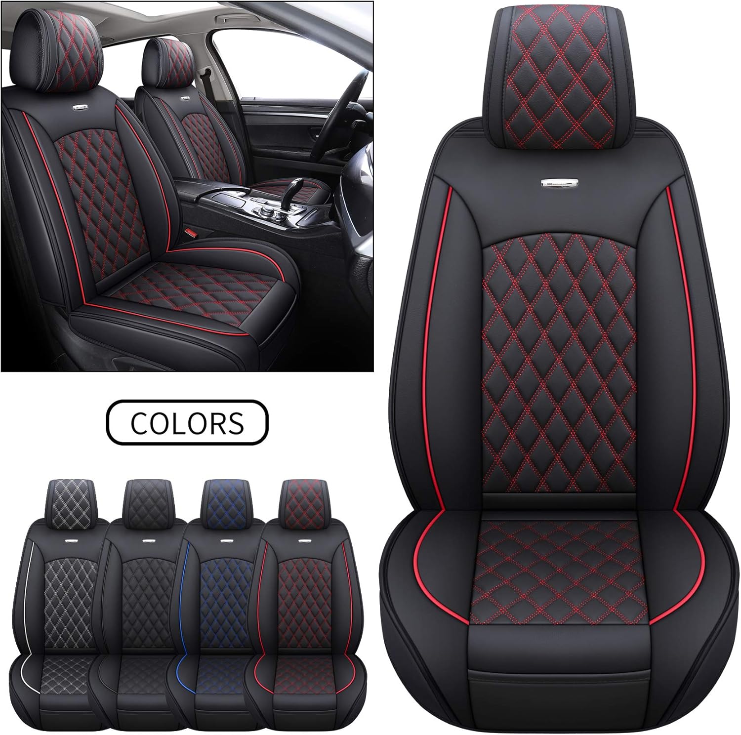 Waterproof Leather Car Seat Covers Full Set Black-Blue D238586