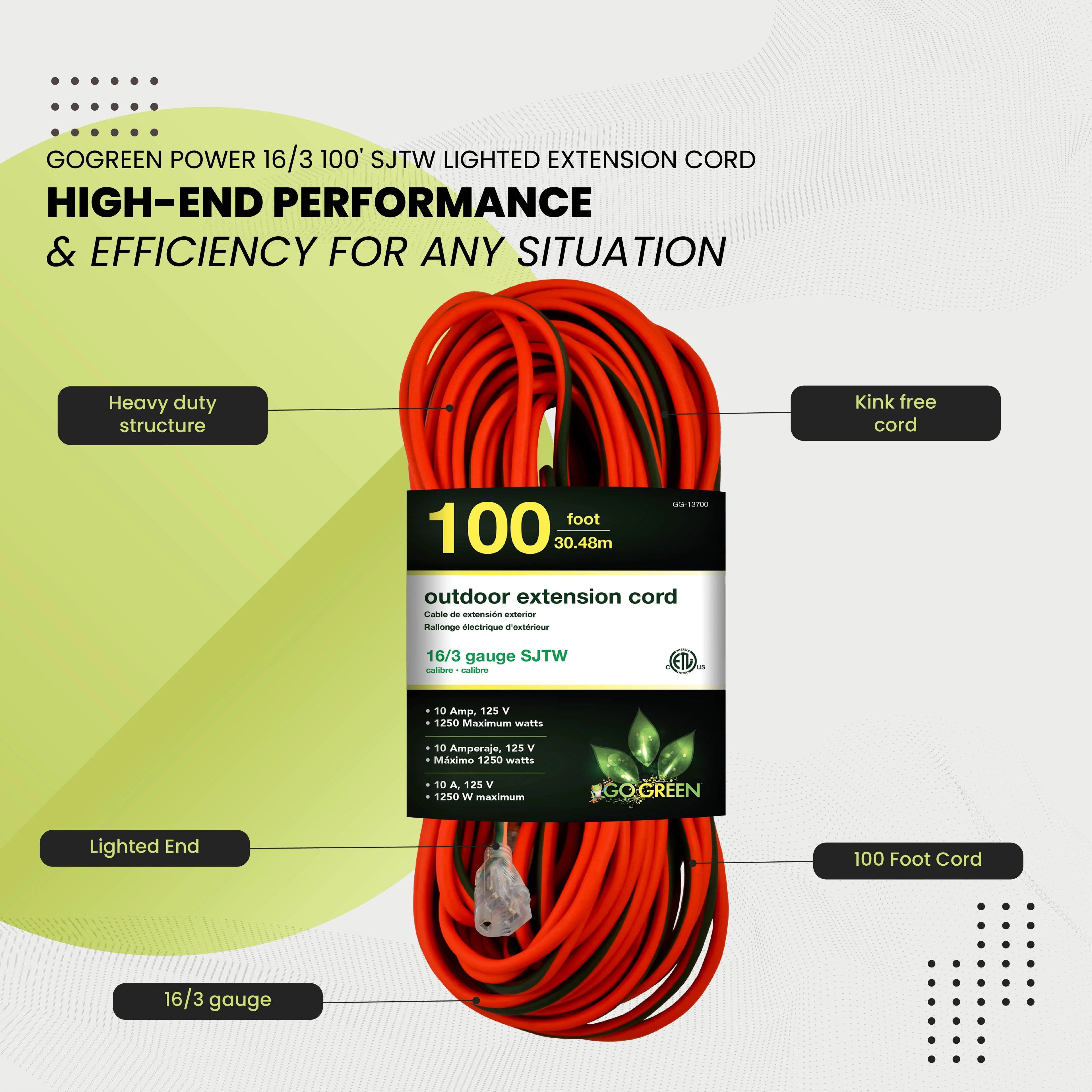 16/3 100 Ft SJTW Outdoor Extension Cord with Lighted End G136