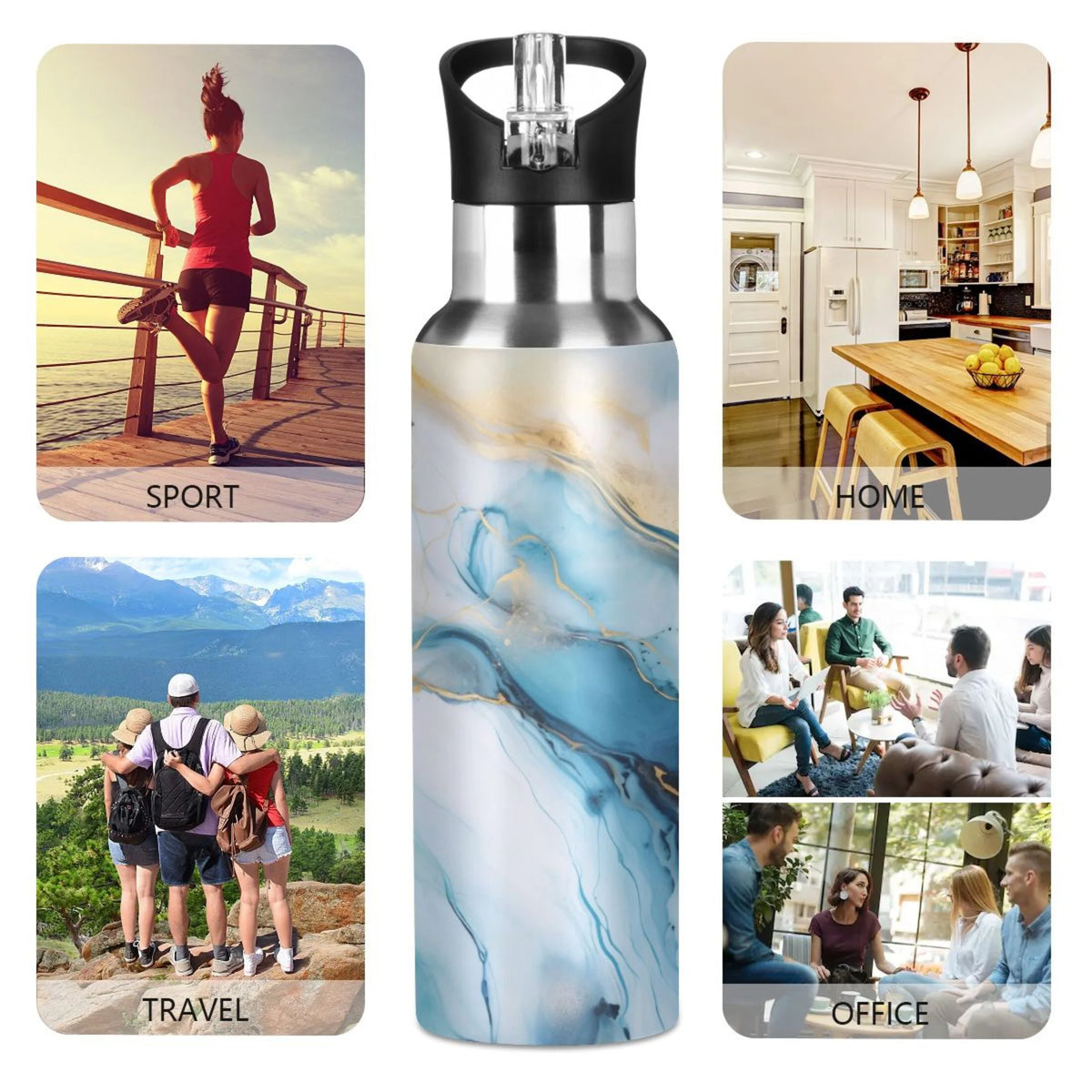 Blue Marble Stainless Steel Insulated Water Bottle with Straw Lid B70560
