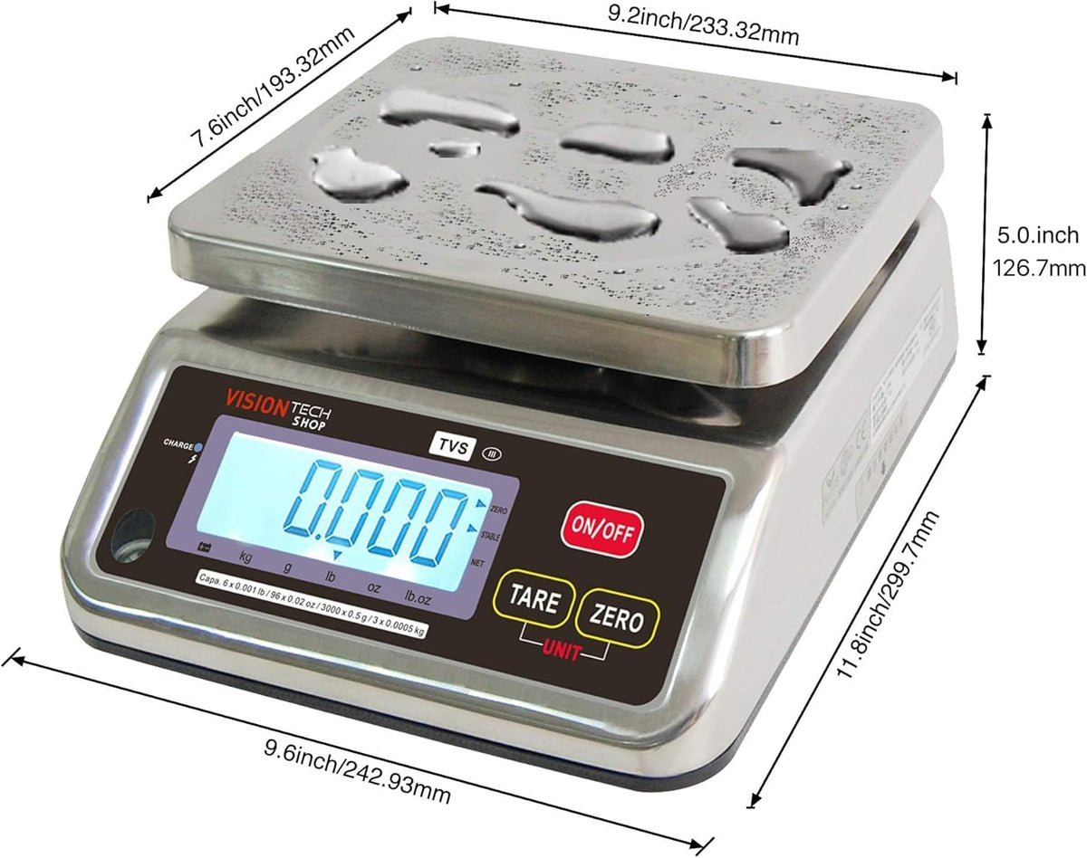 Stainless Steel Washdown Scale, 6lb Capacity, 0.001lb Readability, Dual Display A74993