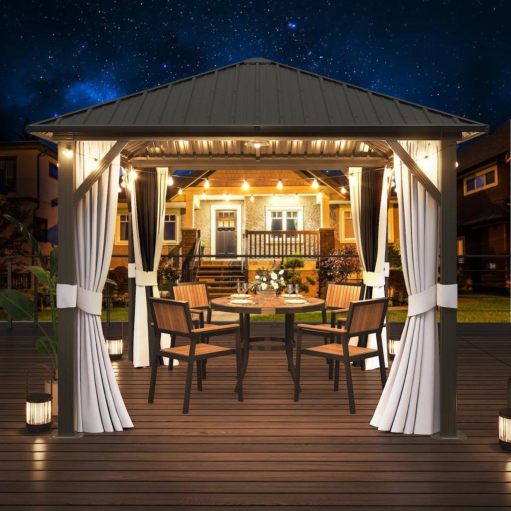 10x 10 Hardtop Gazebo with Netting and Curtain, Gray Z498499