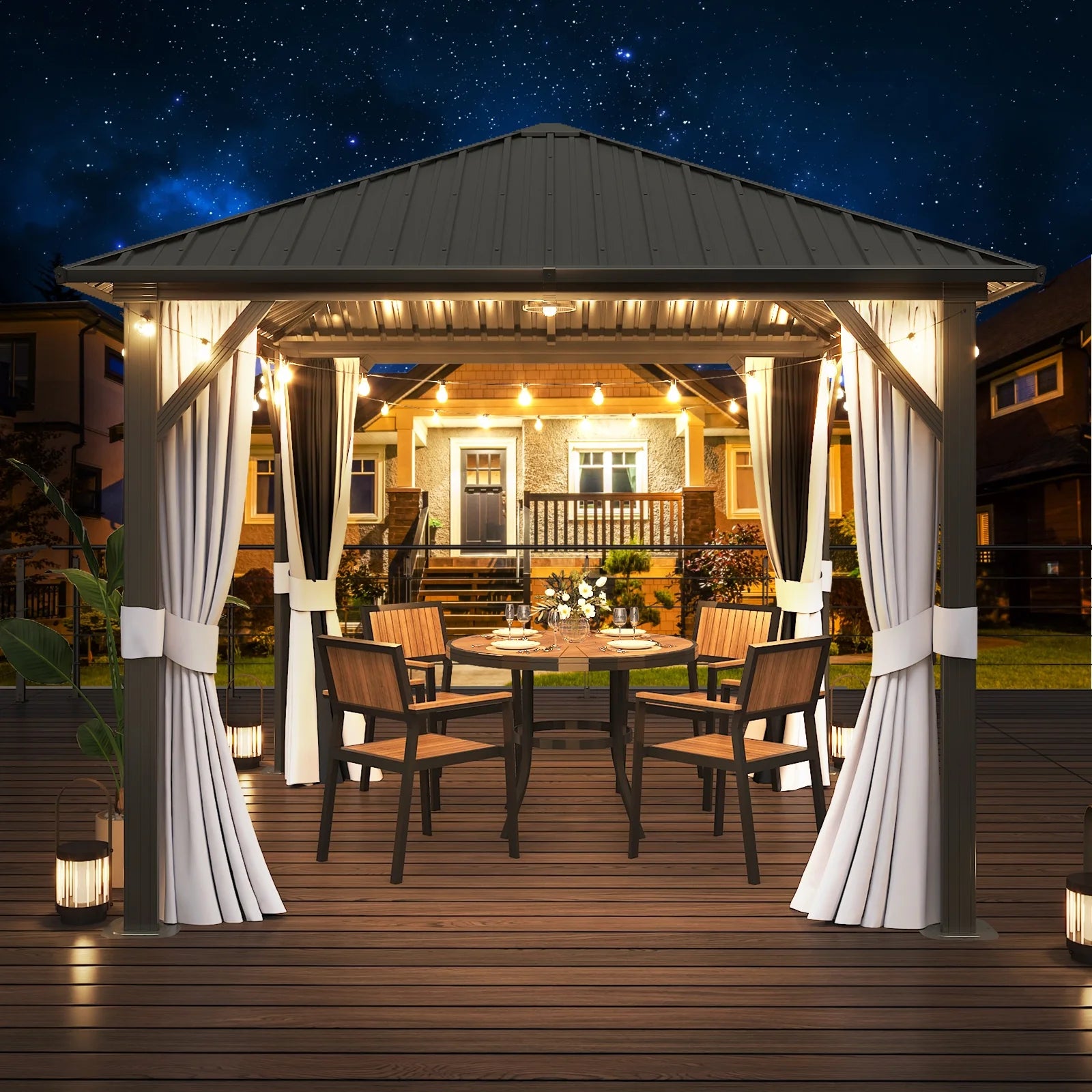10x 10 Hardtop Gazebo with Netting and Curtain, Gray Z498499