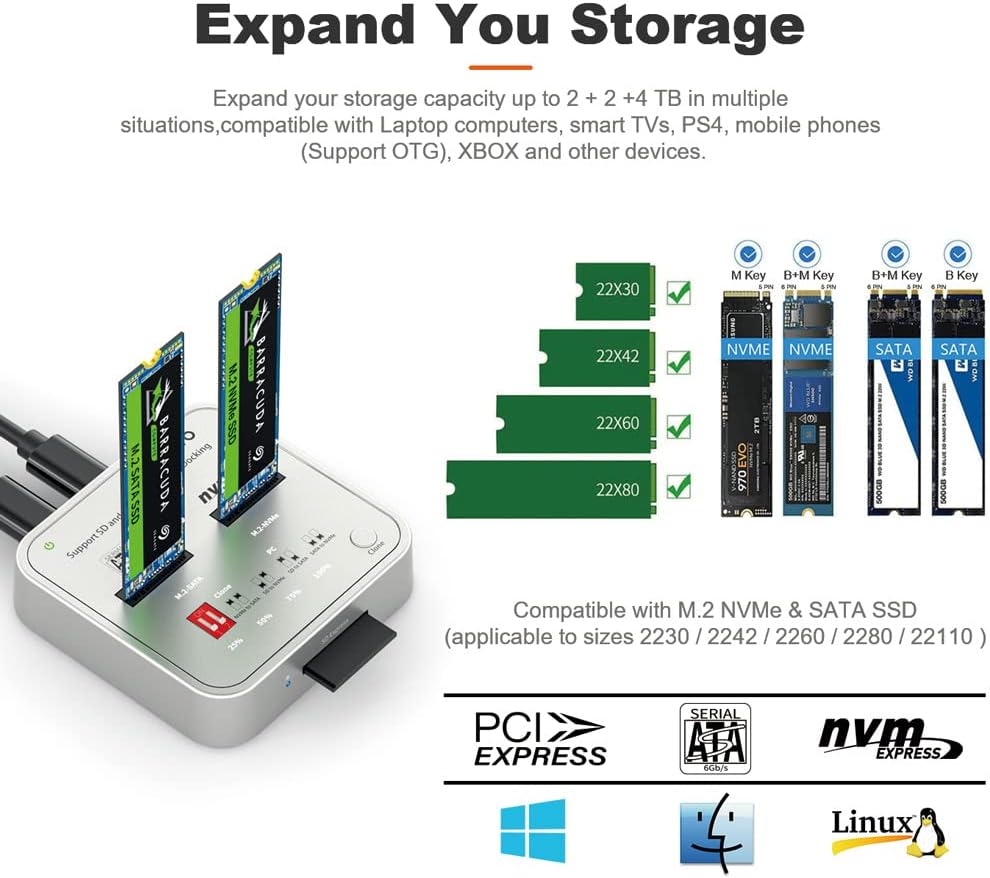 M.2 SATA/NVME External Hard Drive Docking Station with SD Card Reader and Offline Clone Duplicator A23680