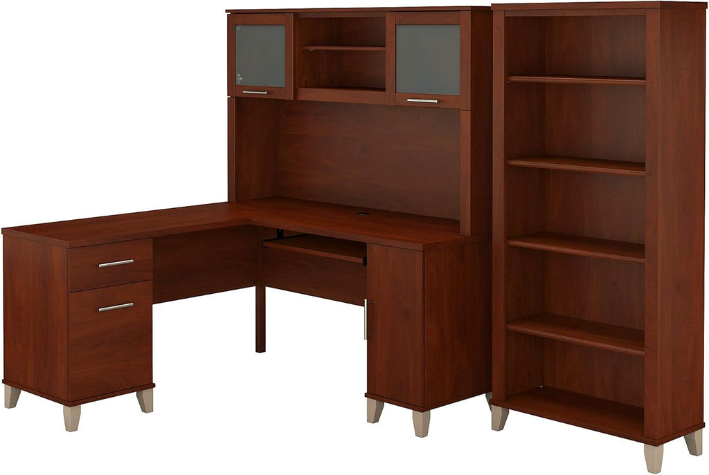L Shaped Desk with Hutch and 5 Shelf Bookcase, 72W, Storm Gray I66829