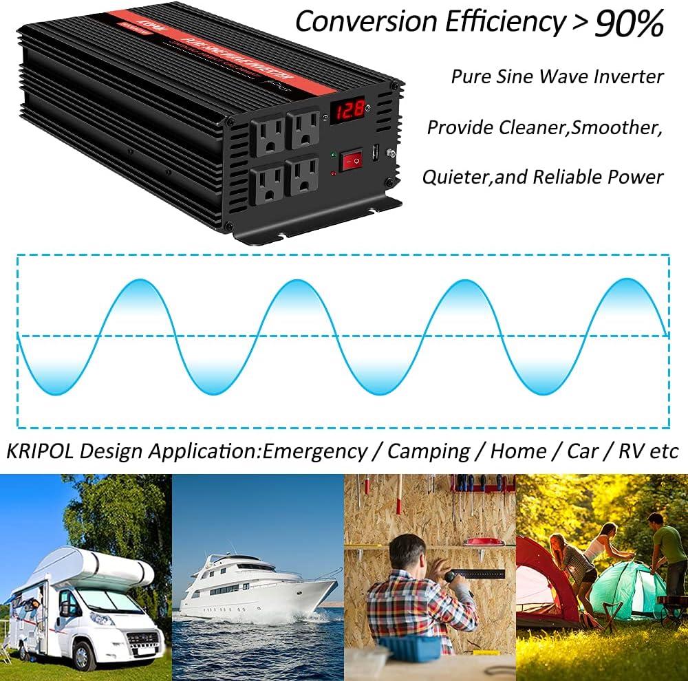2000 Watt 12V DC to 110v/120v AC Power Inverter with 4 AC Outlets and USB Output E7999