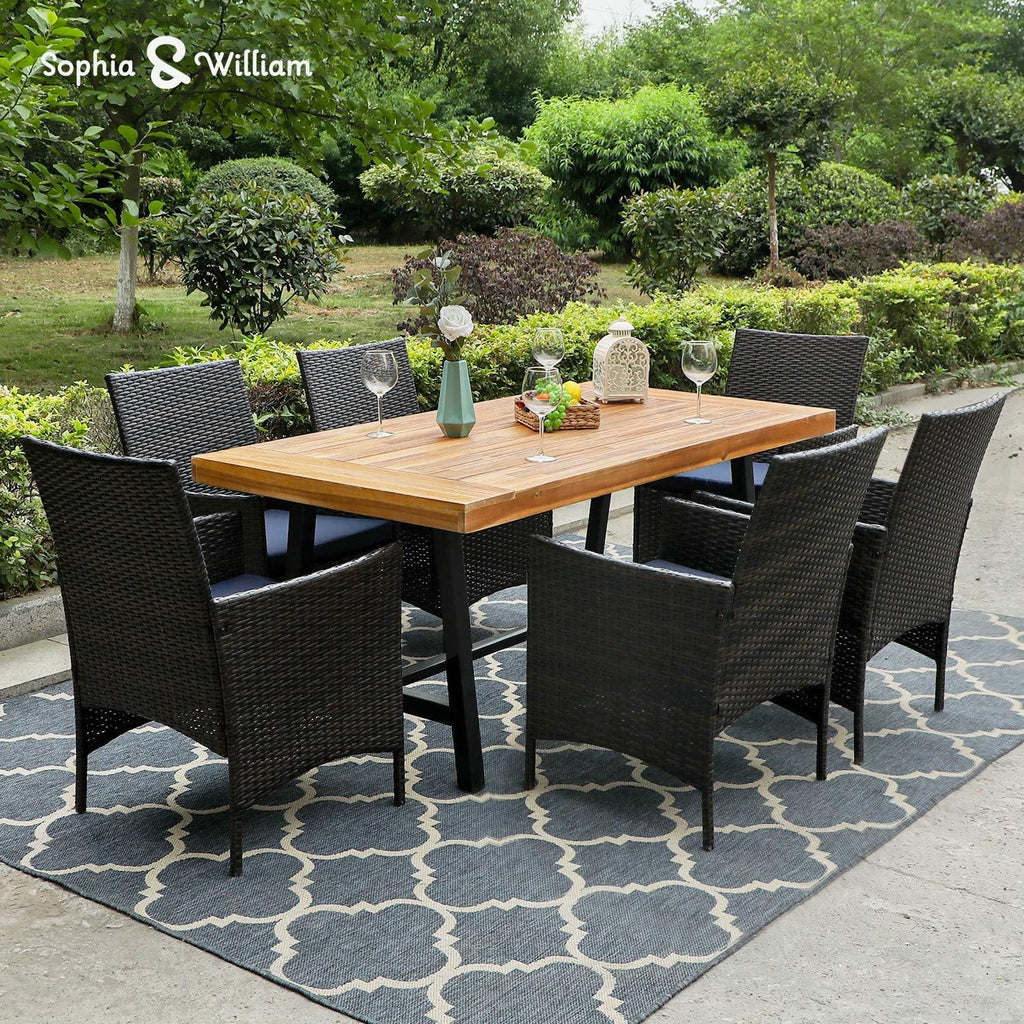 6 Pieces Patio Dining Set with PE Rattan Chairs, Cushions, Rectangle Acacia Wood Table and Bench Z1548