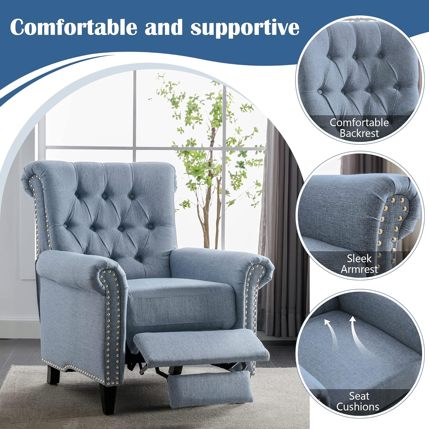 Blue Linen Tufted Recliner Sofa W99782