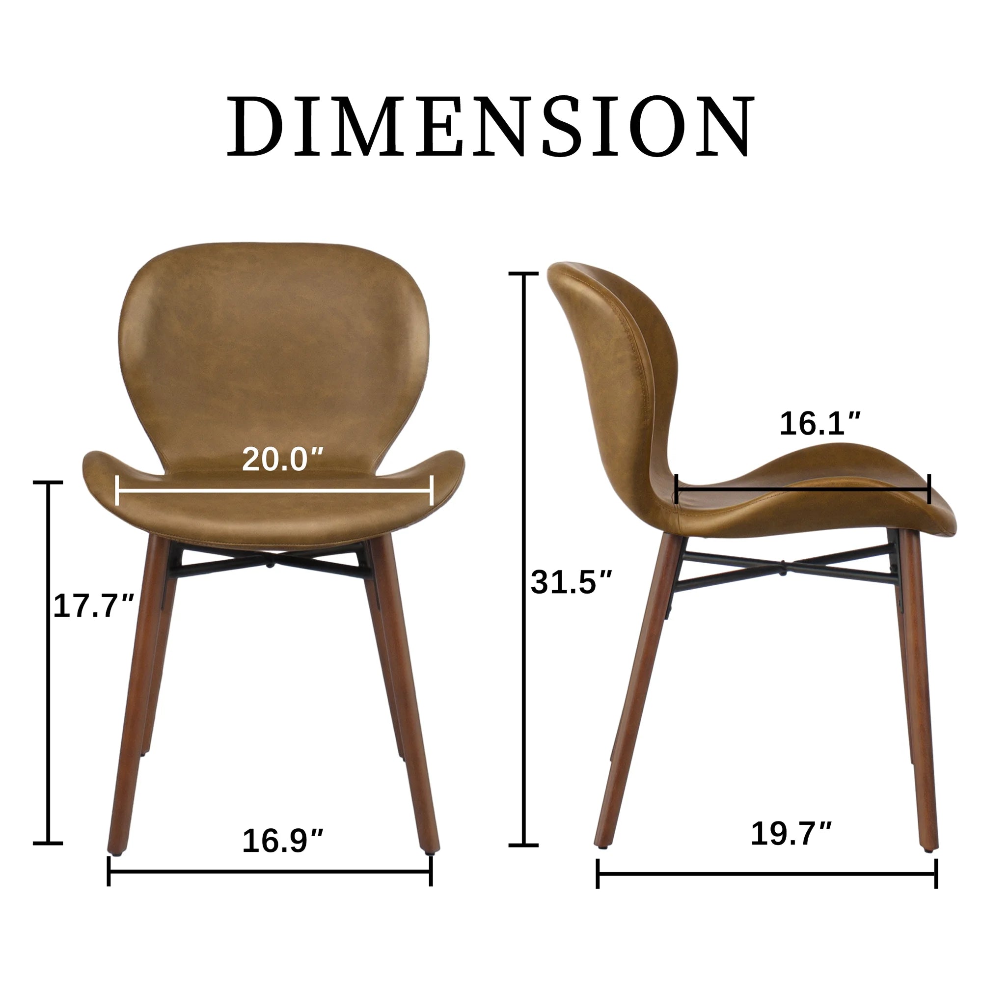 18" Mid Century Leather Dining Chairs, Wood Legged, Set of 2, Brown C61179