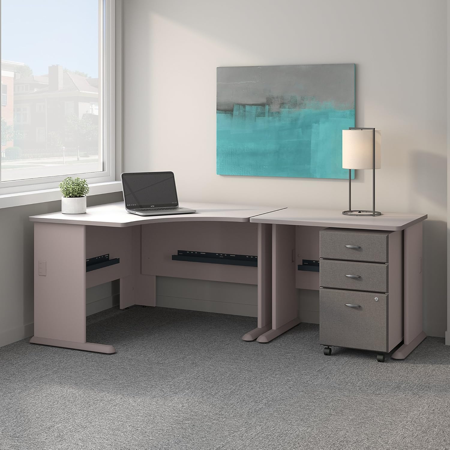 Corner Desk with Mobile File Cabinet in Pewter and White T9218