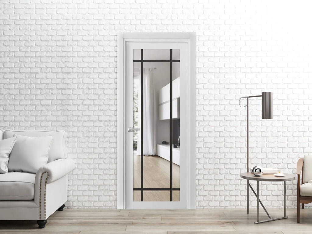 Solid French Door 30 x 80 inches White Silk Clear Glass Single Regular Panel Frame Trims Handle L5775
