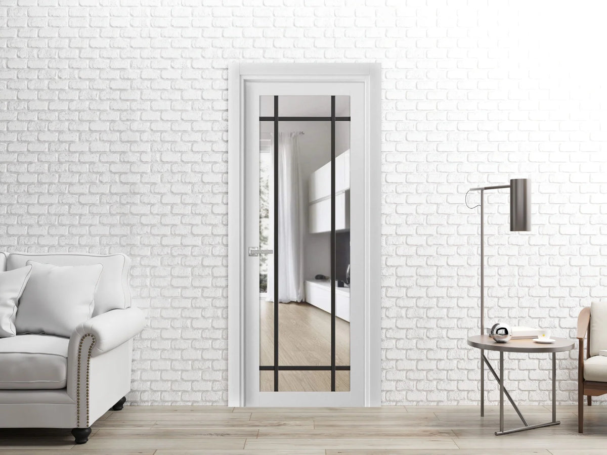 Solid French Door 30 x 80 inches White Silk Clear Glass Single Regular Panel Frame Trims Handle L5775