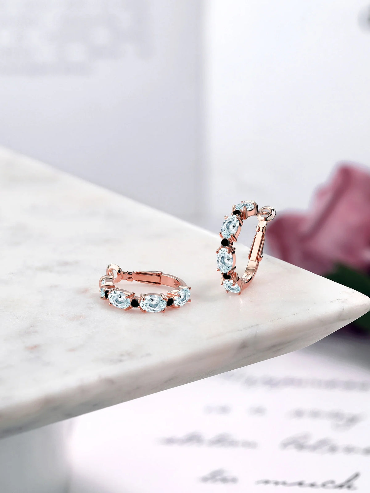 Sky Blue Aquamarine Black Diamond 18K Rose Gold Plated Silver Earrings M1448