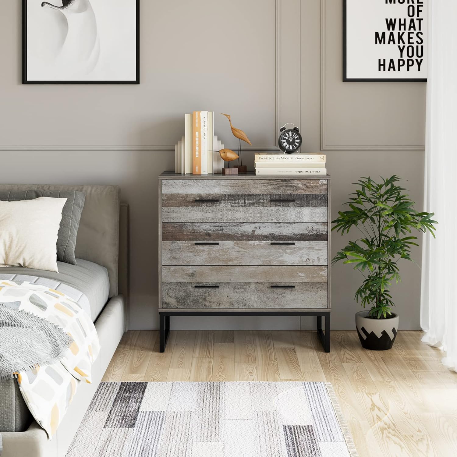 3 Drawer Solid Wood Frame Metal Legs Dresser S516