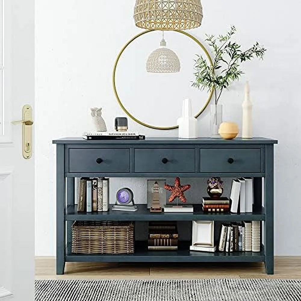 Mid-Century Style Console Table with Three Top Drawers and Two Open Bottom Shelves, Pine Solid Wood Frame and Legs F122