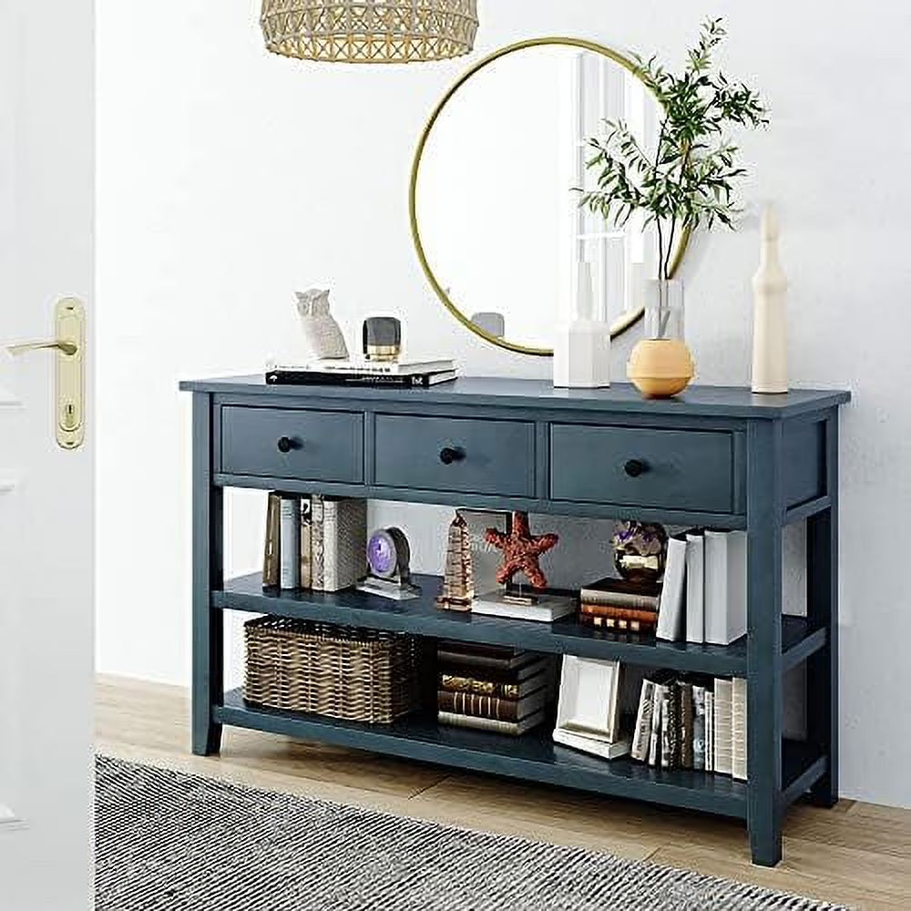 Mid-Century Style Console Table with Three Top Drawers and Two Open Bottom Shelves, Pine Solid Wood Frame and Legs F122