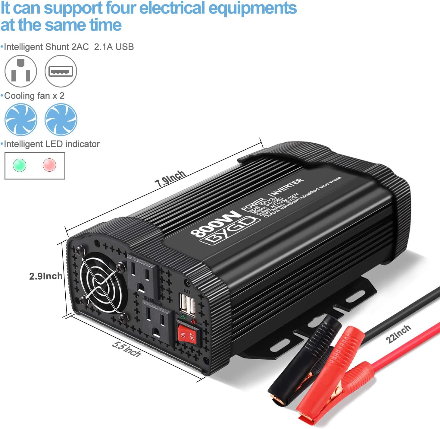 800W Power Inverter 12V DC to 110V AC Converter with Dual AC Outlets, Pack of 2 R53976