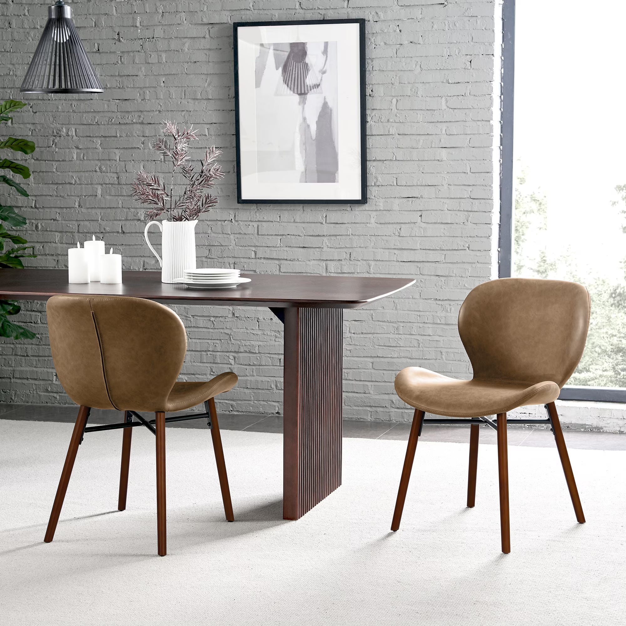 18" Mid Century Leather Dining Chairs, Wood Legged, Set of 2, Brown C61179