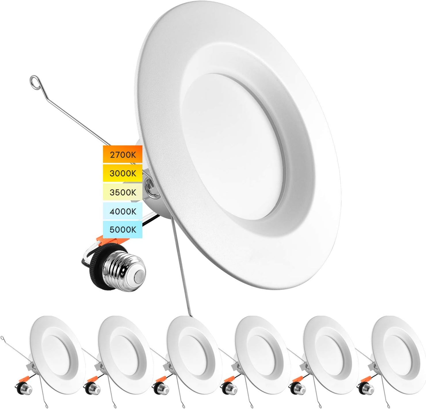 5/6 Inch LED Recessed Retrofit Downlight, 14W=90W, CCT Color Selectable, Dimmable, 1100 Lumens, Wet Rated, Smooth Trim (4 Pack) Y4908