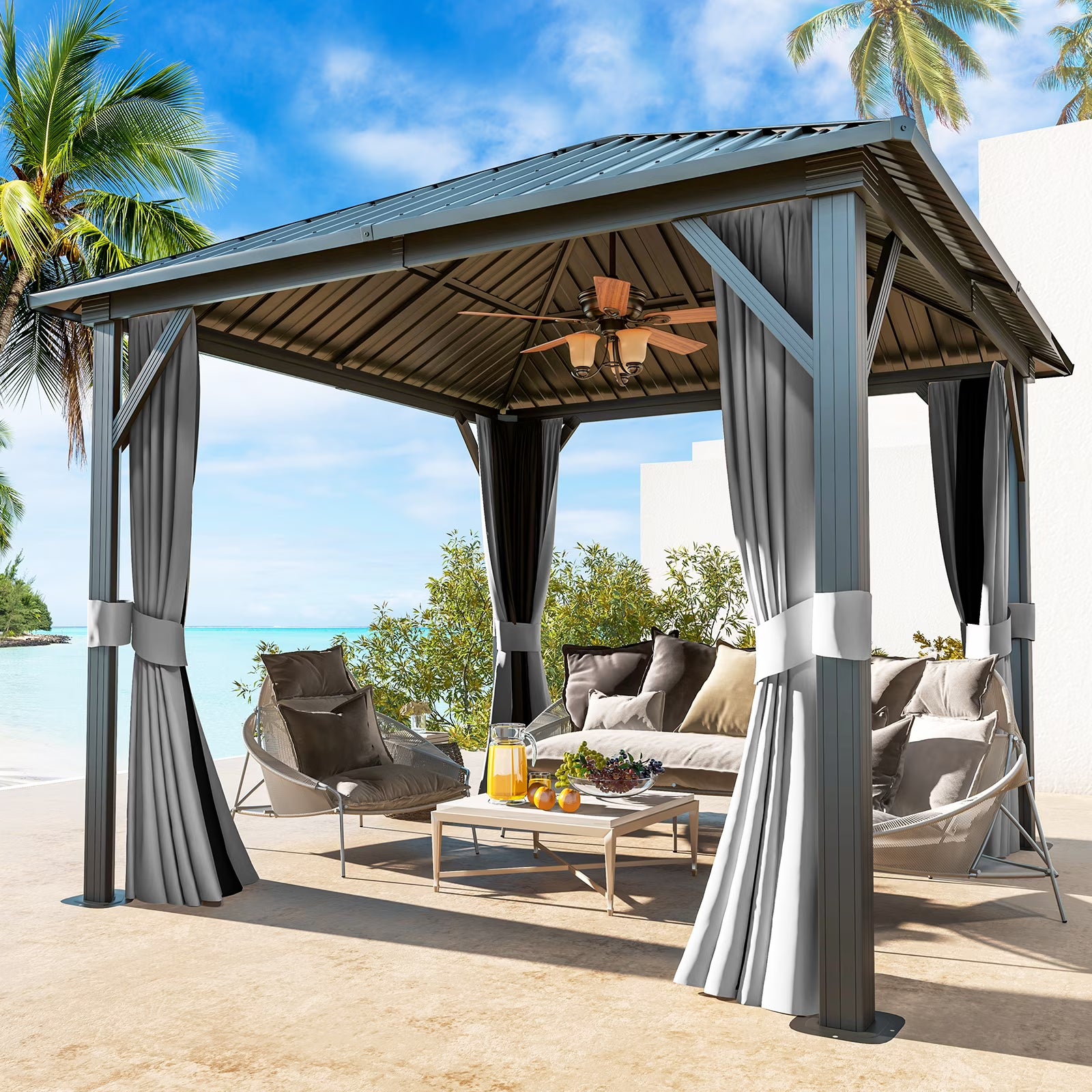 10x 10 Hardtop Gazebo with Netting and Curtain, Gray Z498499