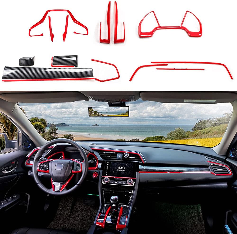 ABS Carbon Fiber Grain Console Center Dashboard Cover and Gear Box Steering Wheel Trims 15pcs red U882884