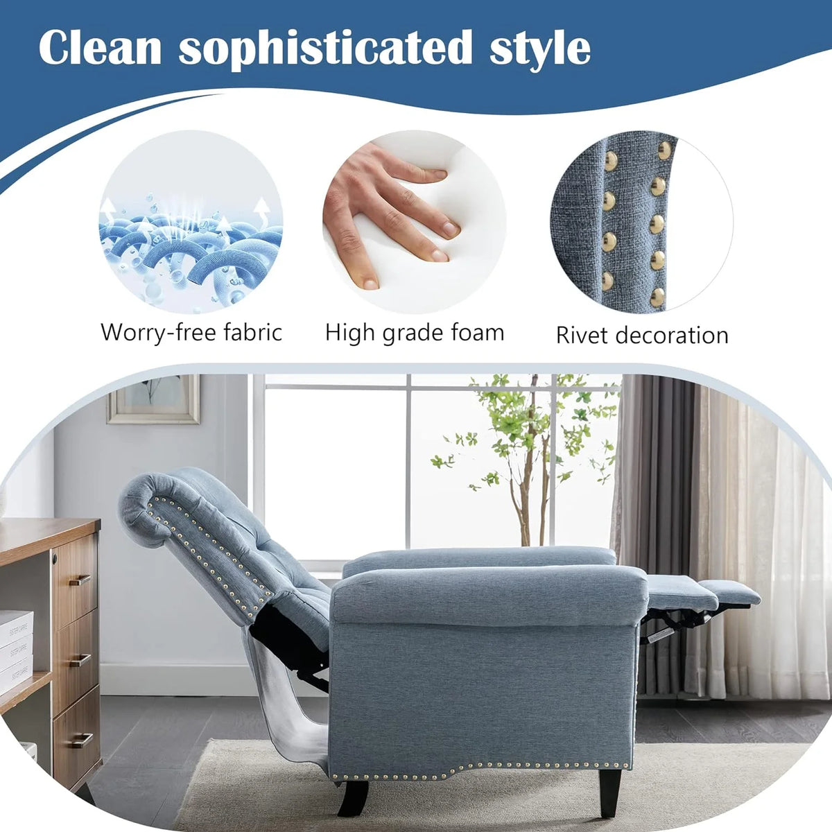 Blue Linen Tufted Recliner Sofa W99782