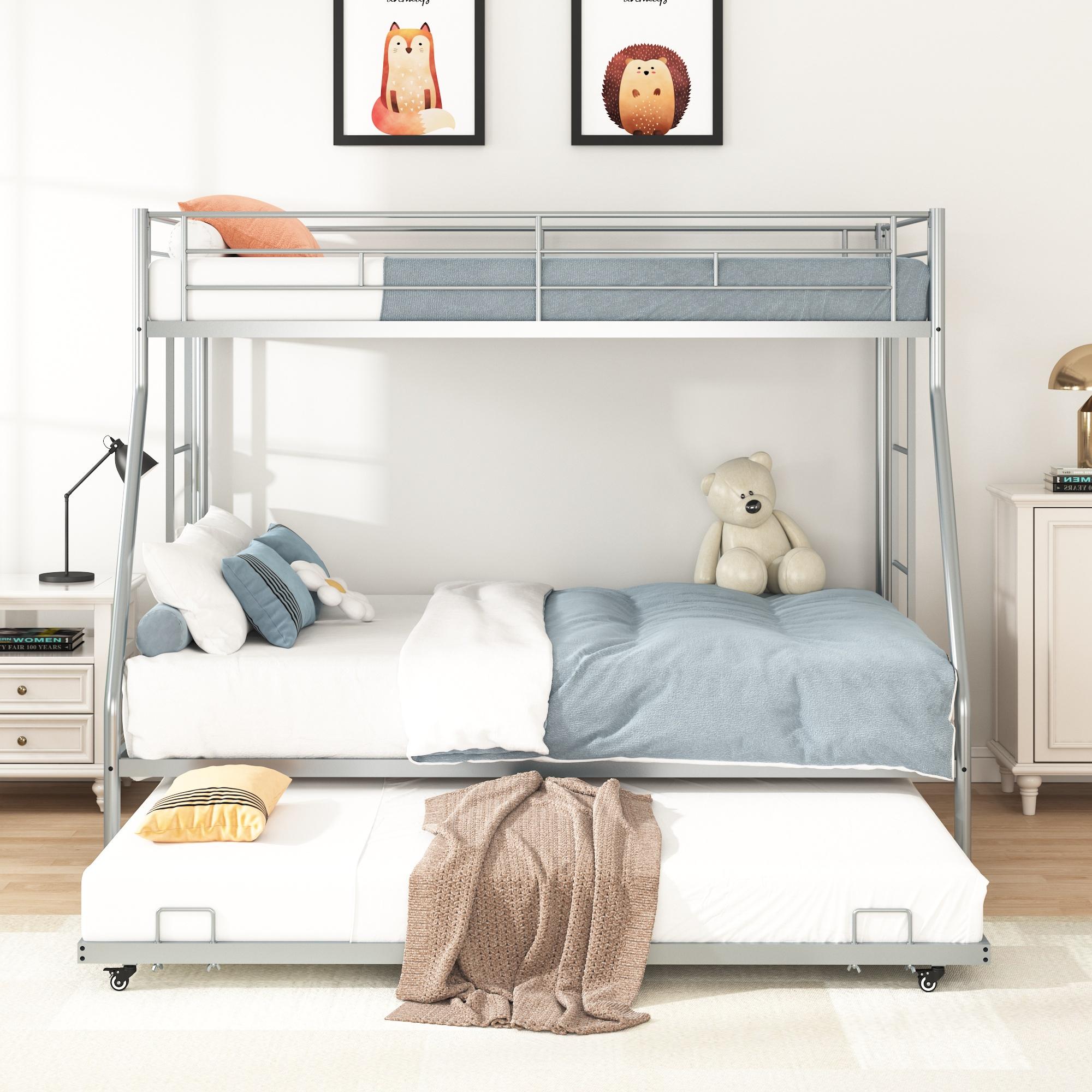 Twin Over Full Metal Bunk Beds with Trundle Bed and Side Ladders L48360