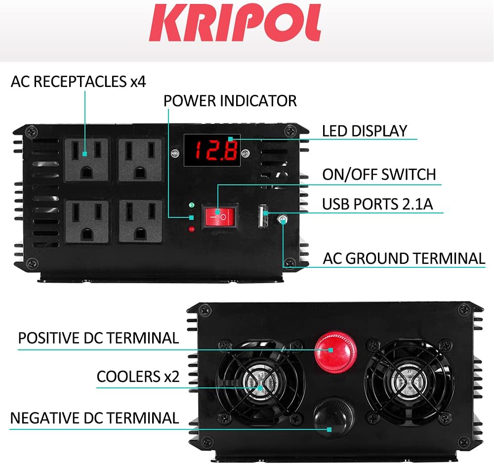 2000 Watt 12V DC to 110v/120v AC Power Inverter with 4 AC Outlets and USB Output E7999