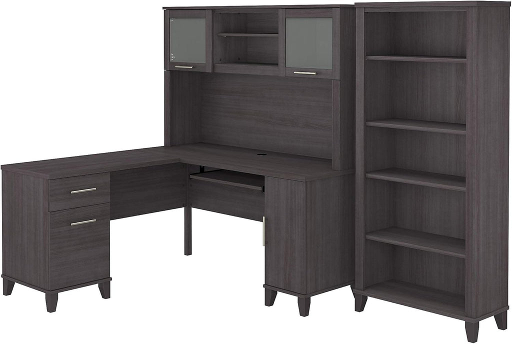 L Shaped Desk with Hutch and 5 Shelf Bookcase, 72W, Storm Gray I66829