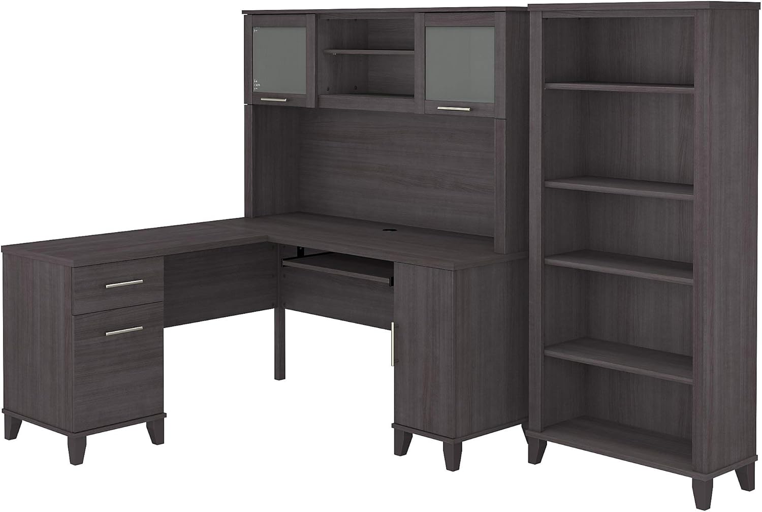 L Shaped Desk with Hutch and 5 Shelf Bookcase, 72W, Storm Gray I66829