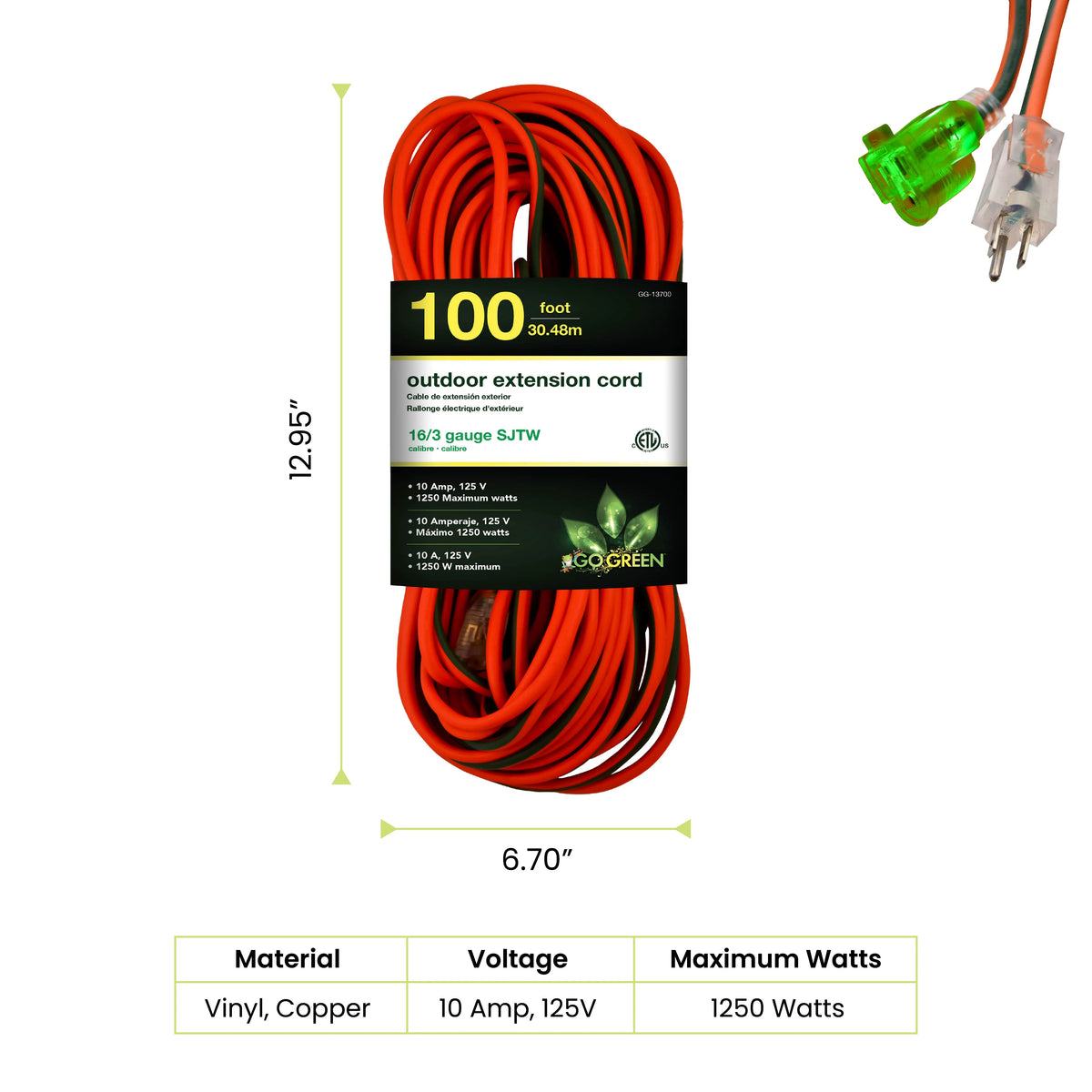 16/3 100 Ft SJTW Outdoor Extension Cord with Lighted End G136