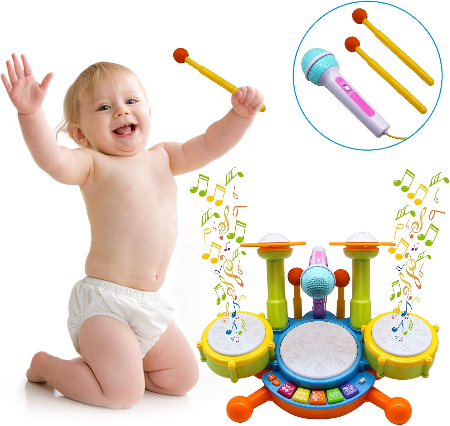 Drum Set for Kids with 2 Drum Sticks and Microphone, Musical Toys Pack of 2 R271923