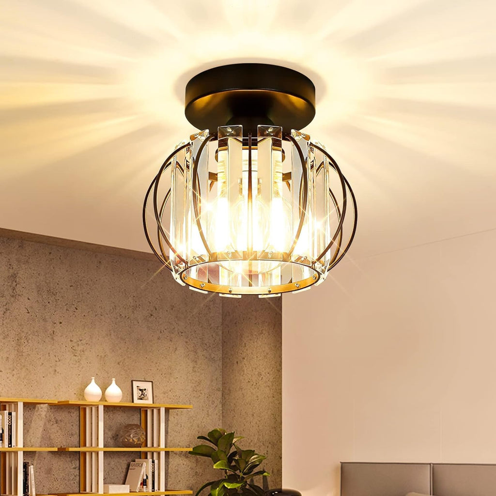 2-Pack Semi Flush Mount Ceiling Light Fixtures Small Crystal Black Metal Cage Indoor U132