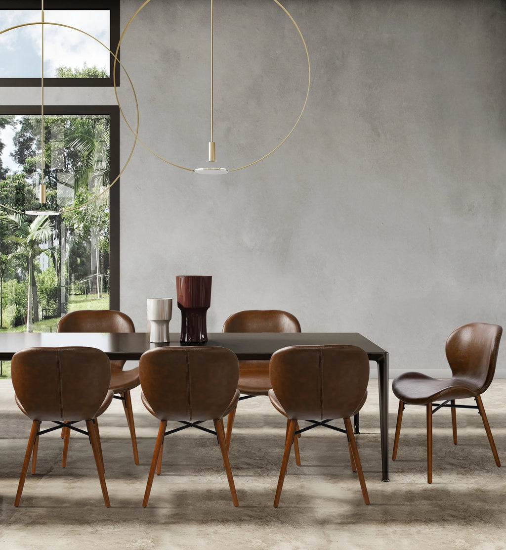 18" Mid Century Leather Dining Chairs, Wood Legged, Set of 2, Brown C61179