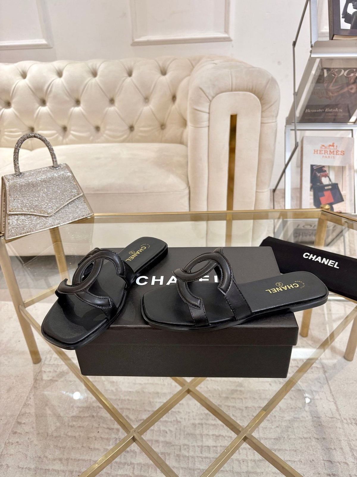 Chanel Embossed Logo Slide Sandals